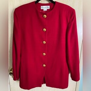 CHRISTIAN DIOR Vintage Pure Red Full Suit w/Pleat Skirt Gold Buttons sz 12